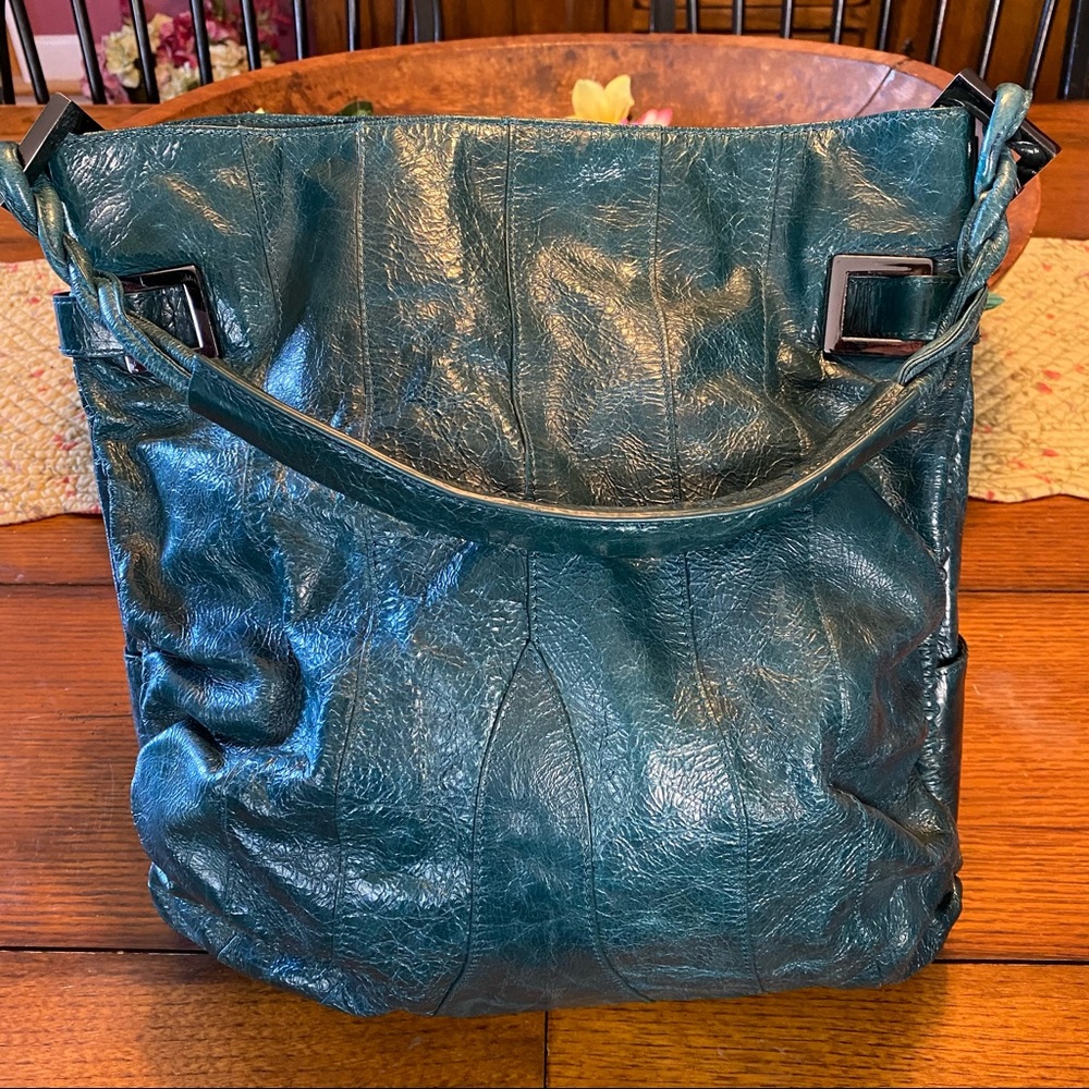 Helen Welsh teal distressed leather bucket bag